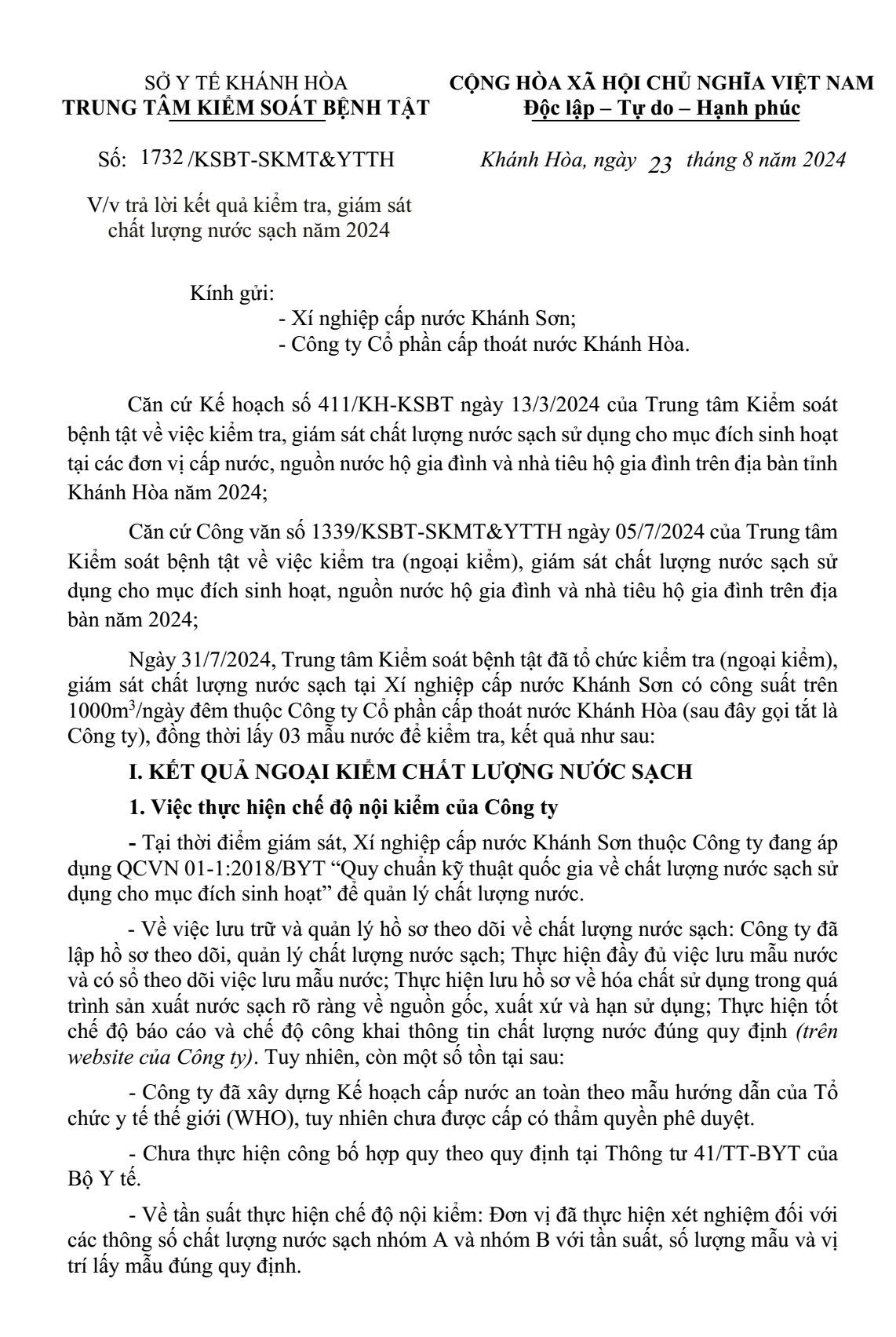 Trả lời kết quả kiểm tra, giám sát chất lượng nước sạch năm 2024